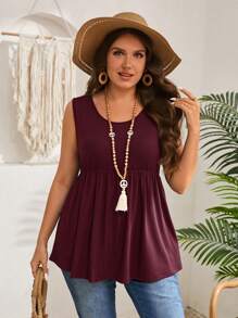 EMERY ROSE 大码女式纯色圆领荷叶边下摆休闲背心 - 酒紅色 - 查看 5