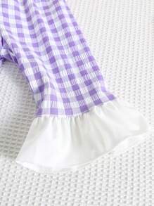 SHEIN Bộ áo không tay kẻ caro nơ viền nông thôn cho bé gái và quần ống loe - Màu tím - Xem 6