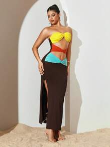 Sirith Vestido ajustado sexy de verano de bloques de color con diseño retorcido y hueco - Multicolor - Ver 5