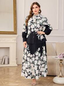 Modelyn Conjunto de 2 piezas de blusa y falda de talla grande con estampado floral elegante para mujeres - Negro - Ver 3