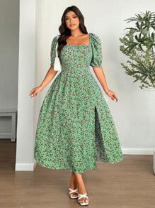 SHEIN Holidaya Đầm dự tiệc đi biển thường ngày cổ vuông tay ngắn họa tiết hoa cỡ lớn xẻ tà chữ A - màu xanh lá - Xem 3