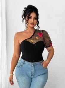 Elenzga Body elegante con cuello asimétrico, mangas cortas, decorado con volantes de malla con estampado de hojas en talla grande - Multicolor - Ver 3