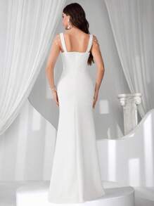 Coutiva Robe de soirée élégante avec ornements de chaîne, cadeau de remise des diplômes, robe de cérémonie pour femmes, robe longue, design perlé, sequins, robe d'été à bretelles pour femmes, robe de soirée, pour invités de mariage - Blanc - Voir 3