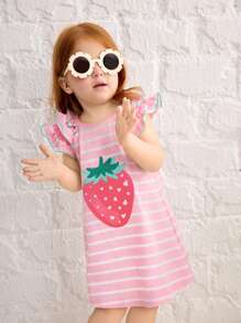 SHEIN Baby Girl Casual Simple Comfortable Round Neck Ruffle Sleeve Strawberry Print Dress - Pink - View 8
