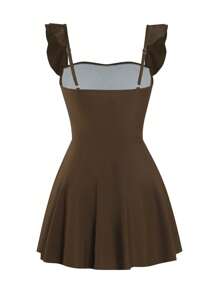 SHEIN Swim Women's Solid Ruffled Square Neck One-Piece Swimsuit With Solid Color Shorts For Summer Beach Vacation - Coffee Brown - View 7