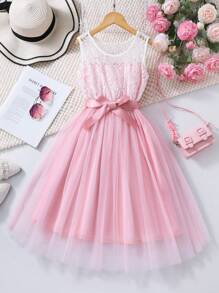 Tween Girl Hollow Out Fashionable Elegant Sweet Dress Summer Holiday - Pink - View 1