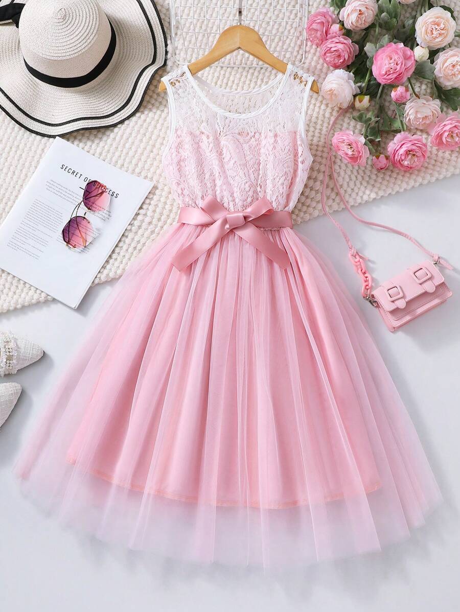Tween Girl Hollow Out Fashionable Elegant Sweet Dress Summer Holiday - Pink - View 1