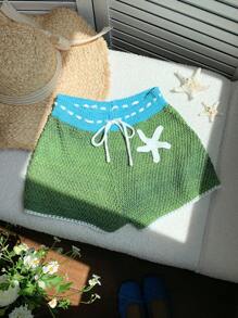 SHEIN EZwear Shorts a maglia, in stile vacanza al mare, con design traforato e vita bassa a contrasto di colore