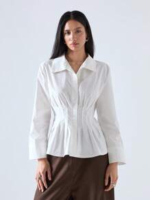 LYSMO Women's Three-Quarter Sleeve Waist Pleated Shirt - Spring/Summer - White - View 4
