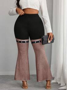 SHEIN Unity Plus Size Women Elegant Knitted Patchwork Denim Effect Print Straight Leg Pants, Suitable For Commuting - Multicolor - View 4