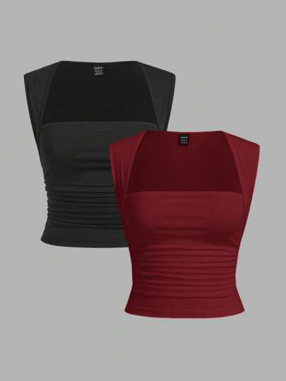 SHEIN EZwear 女士基本款紧身针织背心，深灰色黑色和红色