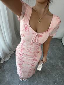 SHEIN PETITE Women's Elegant Sexy Rose Print Mesh Crew Neck Bowknot Ruched Bodycon Dress, Ideal For Spring/Summer, Valentine's Day - Pink - View 7
