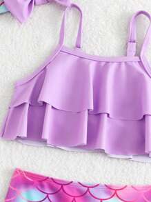 Young Girl Fish Scale Print Tankini Swimsuit Set With Hair Bow - Multicolor - View 3