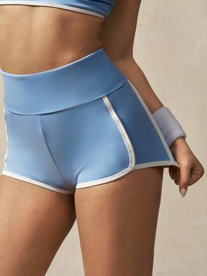 VARSIVA High Waist Blue & White Contrast Color Tight Yoga Comfy Short