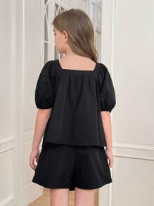 SHEIN Tween Girls 2 bucăți uni guler volanat bluză cu mâneci bufante și seturi de pantaloni pantaloni cu fundă asimetrică, elegant franțuzesc, înapoi la școală, stil dulce doamnă