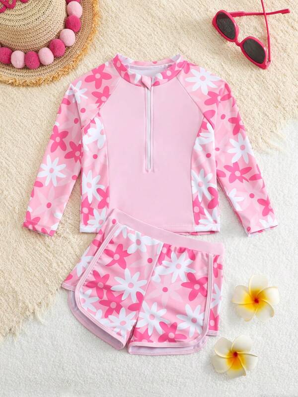 SHEIN 2pcs/Set Girls Young Girl Cute Floral Print Print Long Sleeve Tankini Two Pieces Swimsuit Summer Holiday