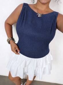 SHEIN EZwear Plus Size Blue Denim Blouse, Casual Skinny Stretchable Bow Design,Summer/Summer Outfits For Women, Suitable For Parties, Holidays, Dates, Valentine's Day, Afternoon Tea, Suitable For Summer,Spring Summer Vacation Beach Outfits Fashion Outfits