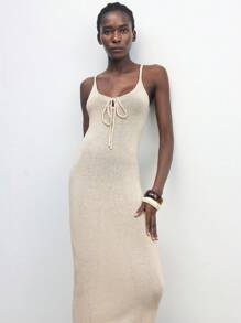 Maija 2025 Autumn/Winter New Beige Curled Pearl Yarn Knitted Hollow Out Tie Bow Shoulder Exposed Sweater Dress, Elegant Urban Romantic Vintage Y2K Country Music Festival Retro Style, Suitable For Airport Travel, Street, Wedding Guest, Birthday, Halloween, Business Casual, Office, Date, Party, Back To School