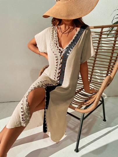 Breezaya 撞色深 V 领侧开衩短袖超长罩衫连衣裙