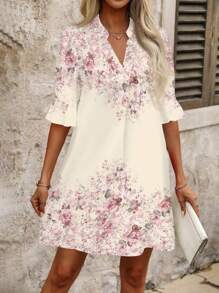 SHEIN Clasi Summer Romantic Floral Print V-Neck Short Sleeve Loose Casual Mini Dress, Suitable For Daily Outing Summer Outfits For Women Vacation Dress Modest Dresses For Women Tea Party Dress,Summer Dresses For Women Summer Outfits For Women