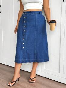 SHEIN Frenchy Plus Size Maxi Denim Skirt With Button-Front Closure And Pockets - Blue - View 7
