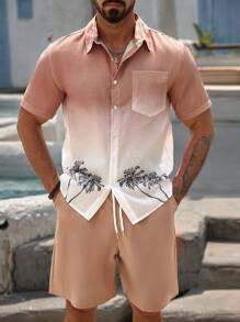 Manfinity RSRT Set di camicia a maniche corte e pantaloncini casual da uomo con stampa di palme, adatto per vacanze