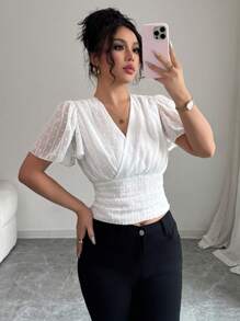 Elenzga Women's Spring Summer New Chiffon Jacquard Waist Gathered Vacation Blouse - White - View 1