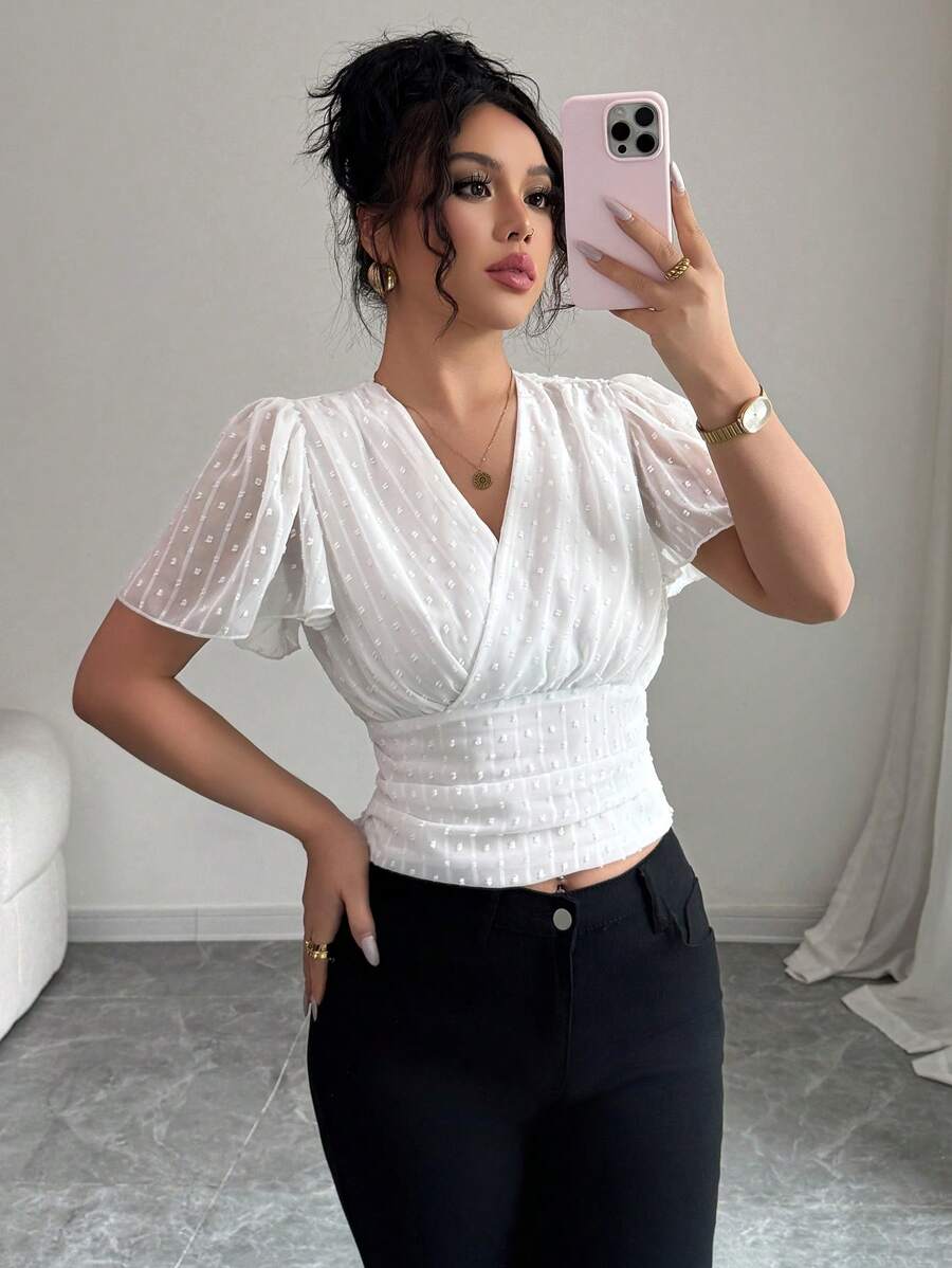 Elenzga Women's Spring Summer New Chiffon Jacquard Waist Gathered Vacation Blouse - White - View 1