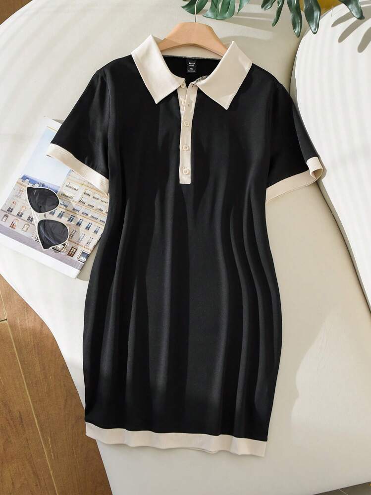 black bodycon dress with white collar Contrast Collar Detail Button Front Mini Bodycon Dress In Black | EGO US