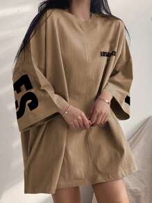 DAZY Camiseta holgada con cuello redondo, hombros caídos y estampado de letras para mujer