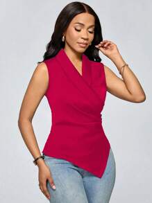 SHEIN Unity Blusa de satén plisada sin mangas con cuello drapeado de unicolor para mujer - Rosa Fucsia - Ver 6