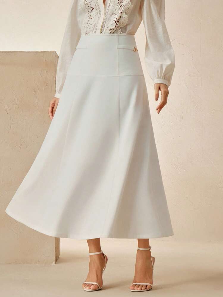 エレガント、カジュアル、ビジネスカジュアル、シック、オールドマネースタイル ホワイト ハイウエスト Aラインマキシスカート、春夏