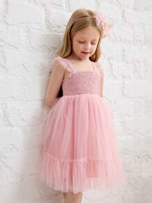 SHEIN Leap Crew Young Girl Cute Cap Sleeve Ruffle Trimmed Mesh Overlay Dress - Pink - View 3