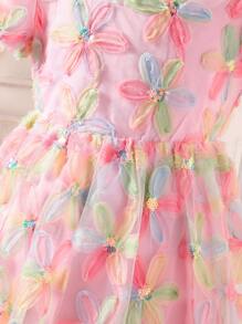 Tween Girl Colorful 3D Floral Mesh Puff Sleeve Sweet Dress - Multicolor - View 4