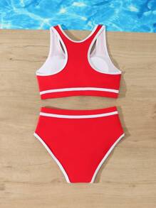 SHEIN Tween Girls Ruffled Trim Vacation Casual Bikini Set - Red - View 4