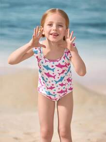 Shark Week X SHEIN Young Girl Shark Print Ruffled One-Piece Swimsuit, Suitable For Summer - Multicolor - View 6