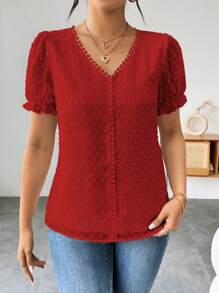 EMERY ROSE Women Short Sleeve Solid Color Casual Blouse, Suitable For Summer - Red - View 5