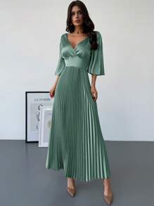 Firerie Vestido largo elegante y romántico de cuello en V con mangas con volantes, cintura alta y plisado dorado