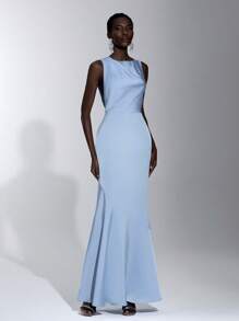 SHEIN Belle Váy phù dâu cổ tròn không tay xếp ly ôm sát viền đuôi cá màu xanh nhạt lãng mạn thanh lịch, thích hợp cho tiệc chị em, hẹn hò, hoạt động đám cưới - Màu xanh lam - Xem 5