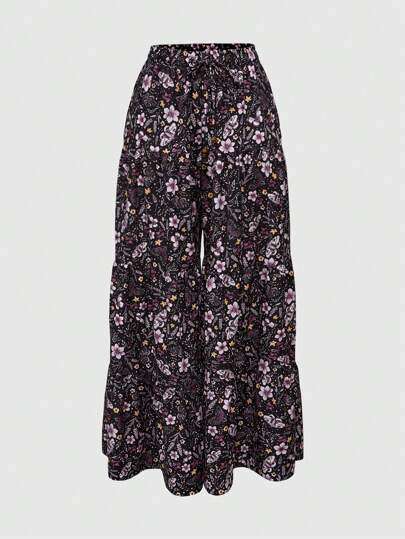 Goth Loose Wide-Leg Pants For Women With Retro Mysterious Floral & Plant All-Over Print, Suitable For Vacation