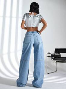 EURMUSE Y2K Low Waist Wide Leg Jeans, Vintage Wash - Medium Wash - View 2