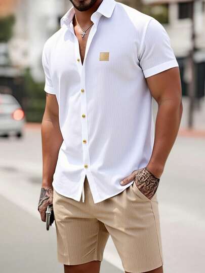 Manfinity Homme Men's Solid Color Simple Short Sleeve Shirt And Shorts Set For Daily Wear