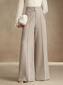 Anewsta Pantalones de traje de mujer de cintura alta con vuelo y doble botón, elegante y urbano, casual de negocios, para Año Nuevo, primavera/verano