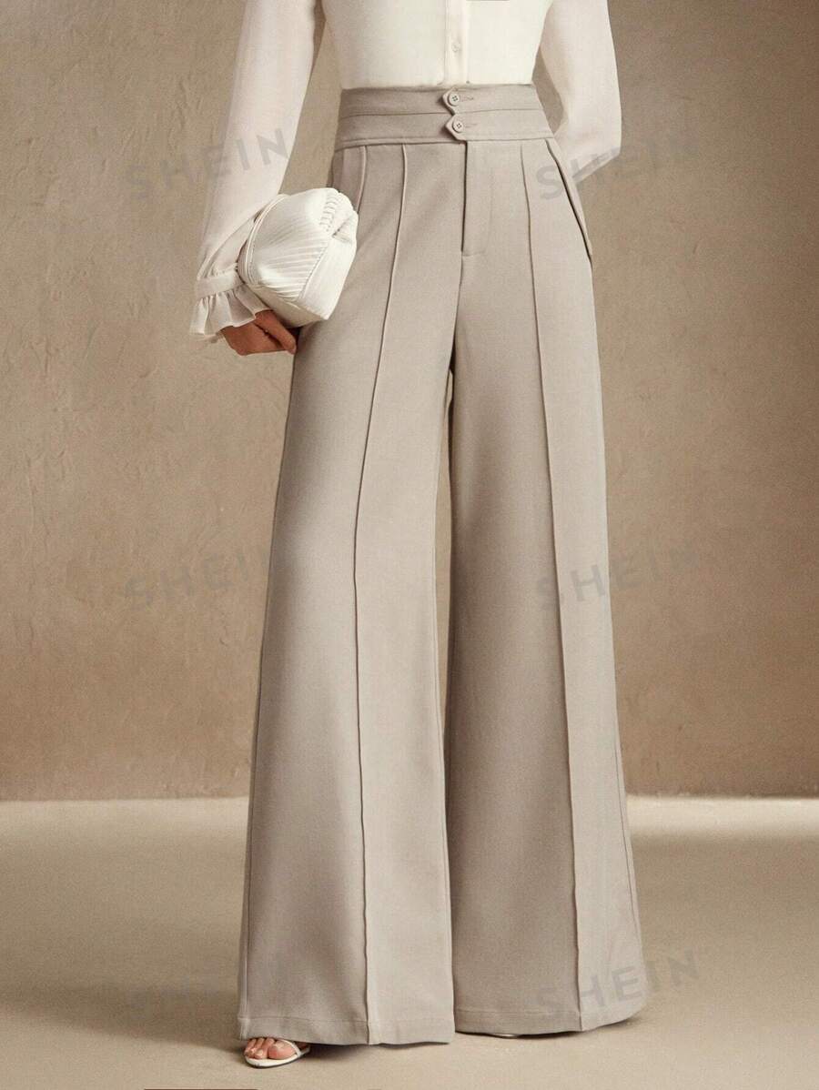 Anewsta Pantalones de traje de mujer de cintura alta con vuelo y doble botón, elegante y urbano, casual de negocios, para Año Nuevo, primavera/verano