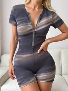 SHEIN EZwear 女士扎染前拉链紧身连身衣 - 深灰色 - 查看 3