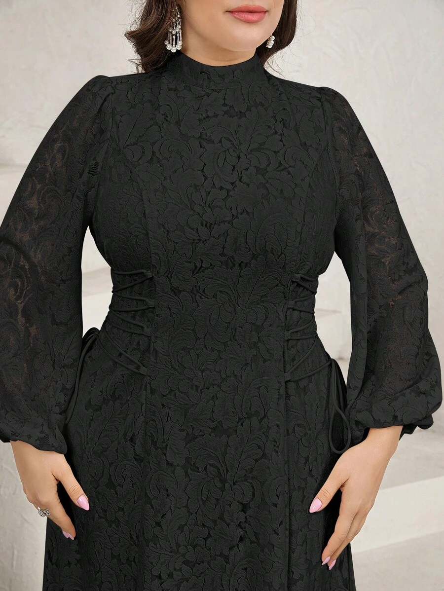Veilorie Plus Size Elegant Solid Color Jacquard Lantern Sleeve Dress - Black - View 1