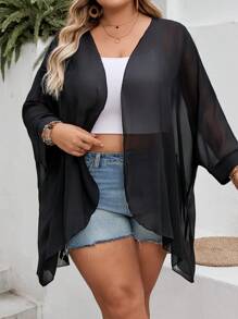 SHEIN CURVE+ Abrigo holgado de unicolor con mangas de murciélago y abertura delantera para mujer talla grande CURVE, para el verano, Curve Plus, Hoho Vacation