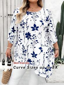 SHEIN CURVE+ CURVE Plus Size Casual Minimalist All-Over Print Shirt, Spring/Autumn, Curve Plus, Boho Vacation Beach Outfits For Woman/Beach /Beach Vacation Outfits/Beach Essentials / Graduation/Tea Party  - Multicolor - View 1