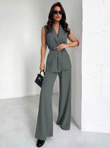 Firerie Women Elegant Simple Casual Commute Daily Vacation Lapel Waistbelt Sleeveless Loose Blazer Shirt And High Waist Wide Leg Khaki Pants 2 Pieces Set In Fall/Winter - Grey - View 5
