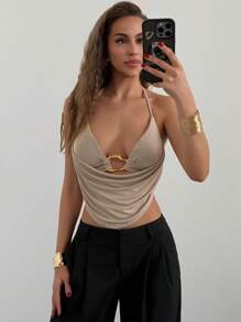 Aloruh 女士金属装饰低胸露背吊带背心 - 卡其色 - 查看 3